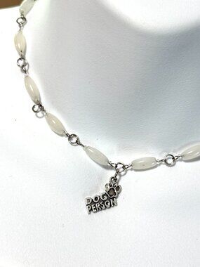 Genuine Milky Quartz Short Necklace, Gemstone w/ Dog Person Paw Print Pendant